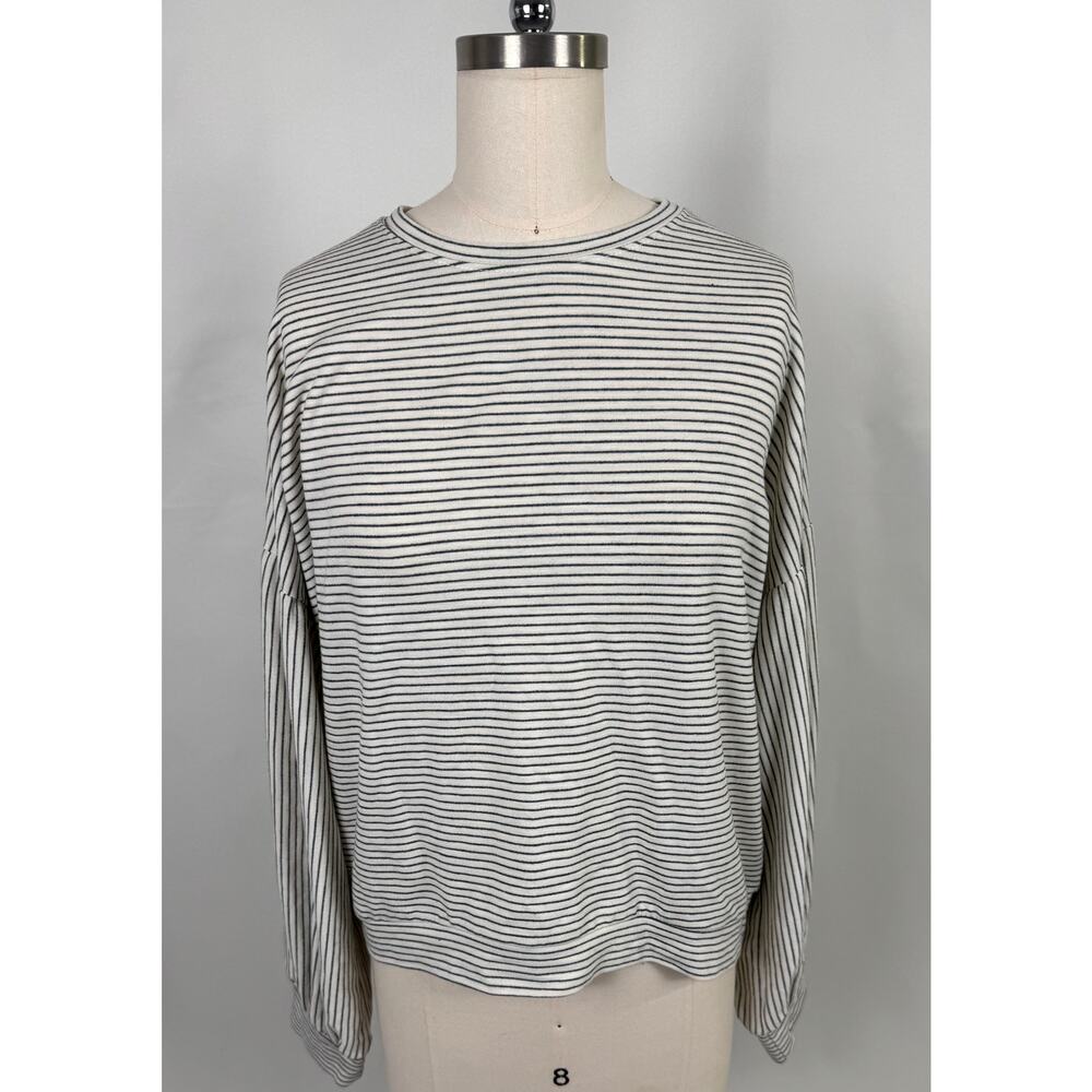 Emelia‎ Women M Striped Long Sleeve Shirt Ivory Navy Blue Cotton Stretch Casual